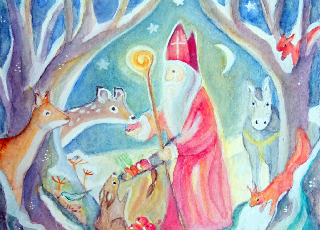 Nikolaus im Wald / weihnachtliche Postkarte für Kinder